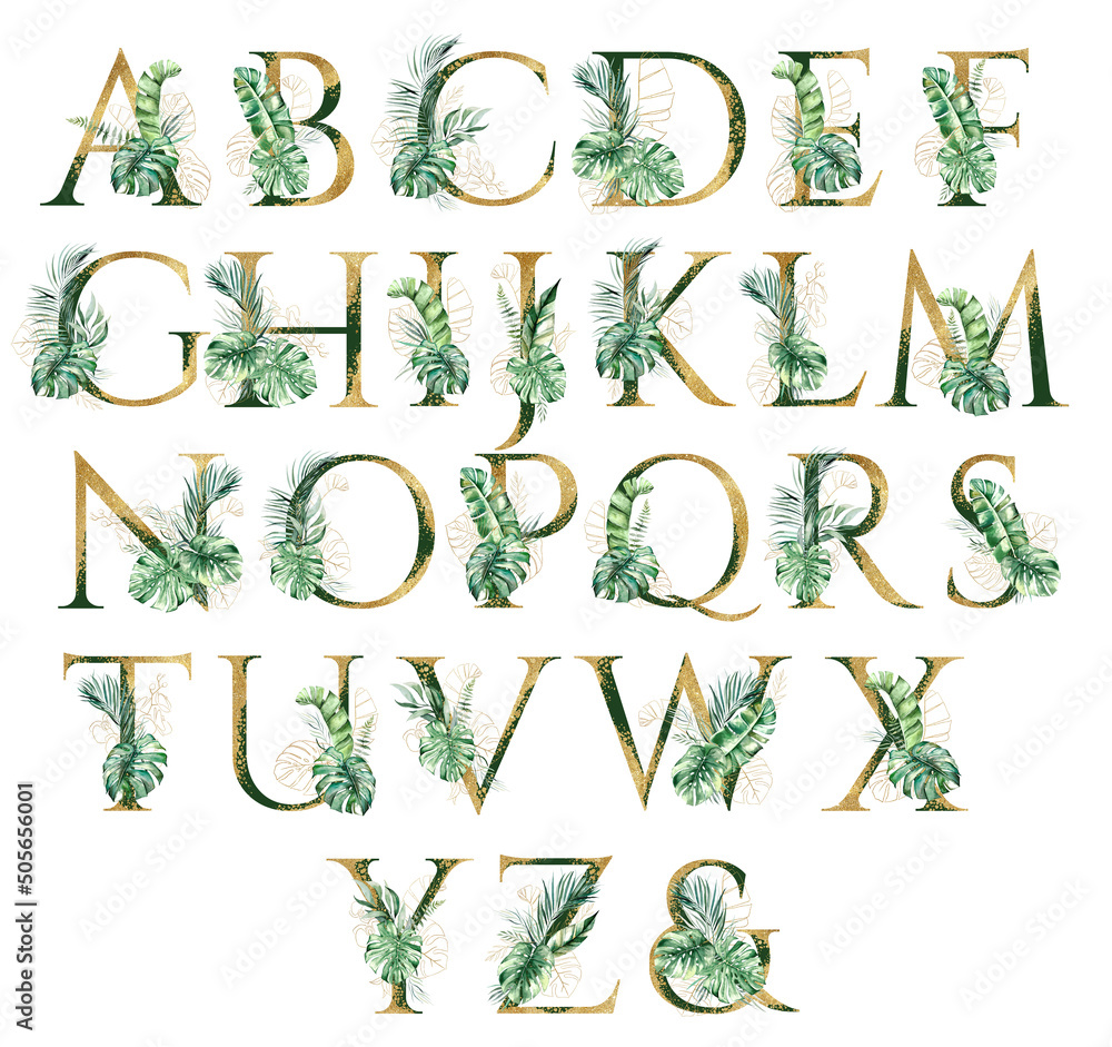 Golden alphabet letters decorated with green and golden Watercolor tropical leaves isolated - obrazy, fototapety, plakaty 