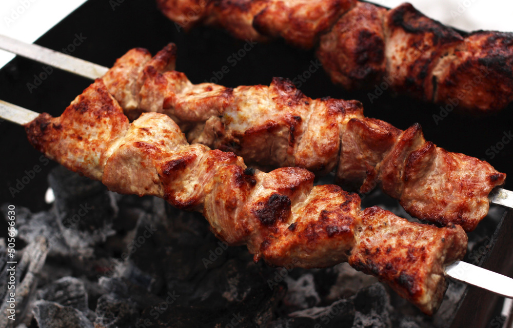 chicken and turkey meat on a skewer fried on the grill in nature