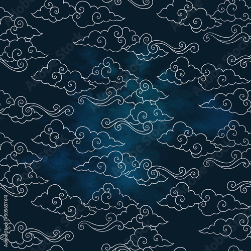 Vector celestial seamless pattern with oriental clouds. Pastel hand drawn cozy textile or magic wrapping design