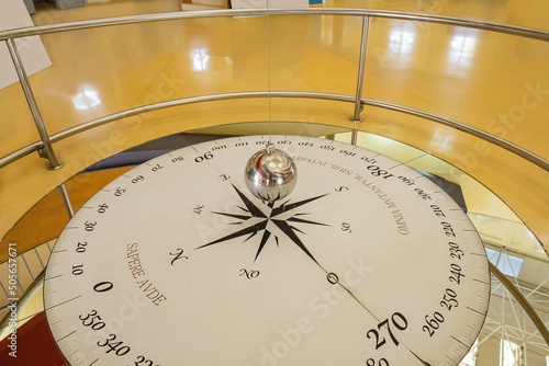 Foucault pendulum stopped with high speed photography when passing over the compass rose. Text  