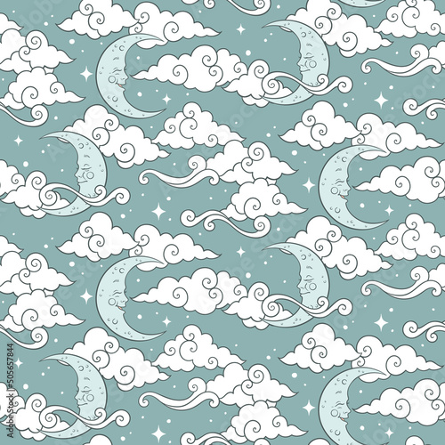 Vector seamless pattern with baby celestial bodies - moon, stars and clouds. Pastel hand drawn textile or wrapping design for kids