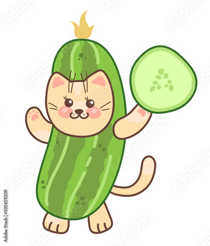 Cute kitten in a cucumber costume. Kawaii character. Cat vector illustration on white background.