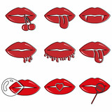 Collection of red female lips. Vector illustration of sexy woman's lips. Smile, kiss