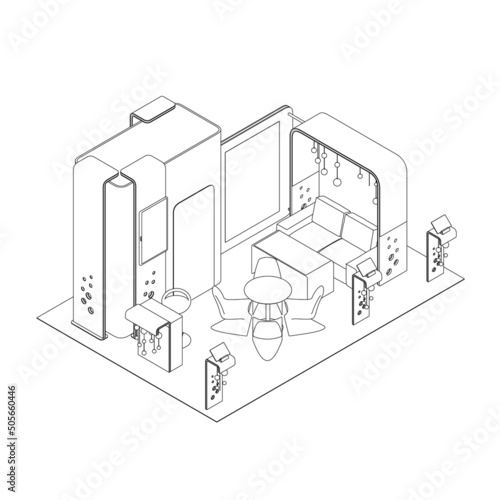 The contour of the room with armchairs, chairs and computers from black lines isolated on a white background. Reception outline. Isometric view. Vector illustration.