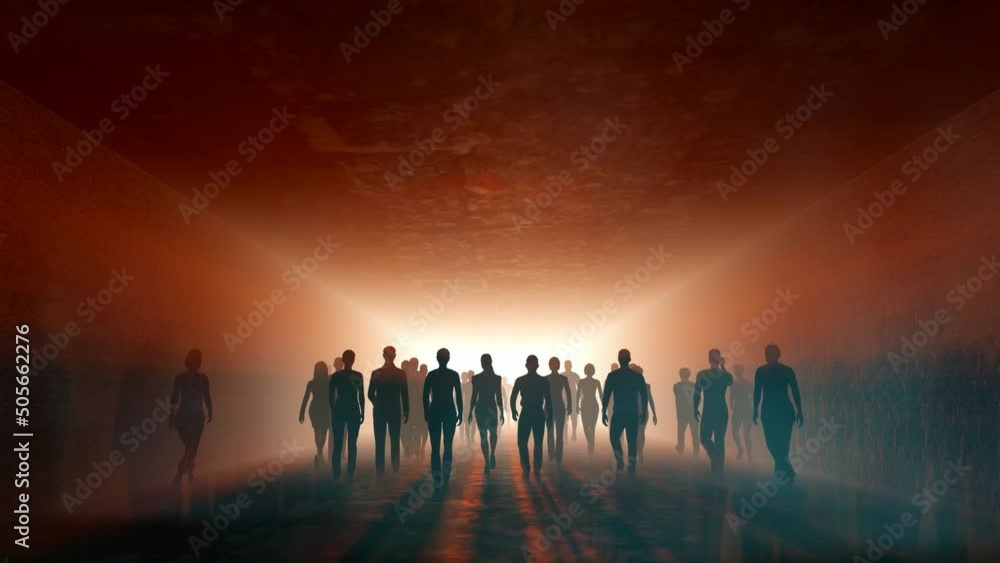 People go to light in the fog. In long tunnel. The crowd is moving into the distance. Throng goes in one direction. Mysterious world. Way to paradise. Lens Effect tilt shift. 3D rendering People go to light in the fog. In long tunnel. The crowd is moving into the distance. Throng goes in one direction. Mysterious world. Way to paradise. Lens Effect tilt shift. 3D rendering