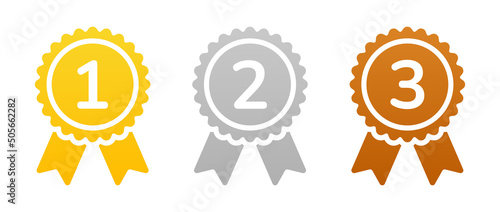 Champion gold, silver and bronze award medals with ribbons isolated on white background. Winner places 1, 2  and 3 sign vector illustration. photo