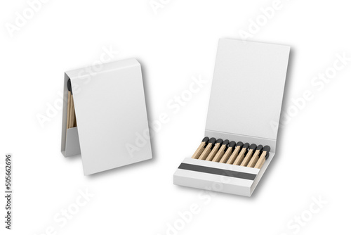 Blank white open and closed matchbook mockup template isolated on white background. 3d rendering. photo