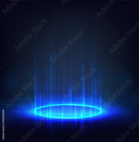Futuristic sci-fi background. Blue circle portal with light flares and sparkles.