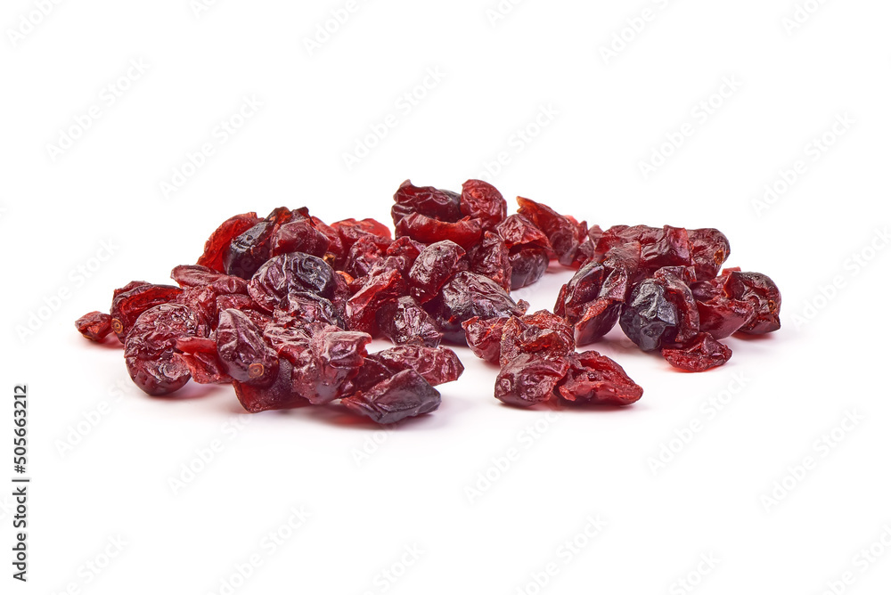 Dry organic cranberries, sweet berries, close-up, isolated on white background. Dry organic cranberries, sweet berries, close-up, isolated on white background.