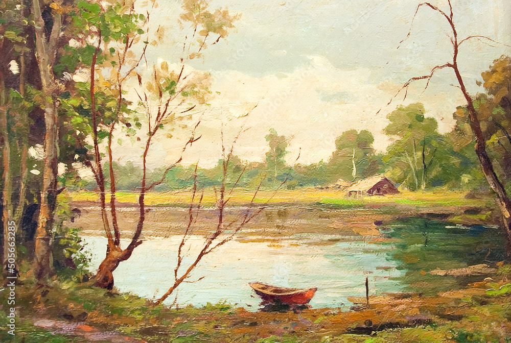Φωτογραφία Oil landscape painting showing boat on the lake and wooden cottage on a beautifu