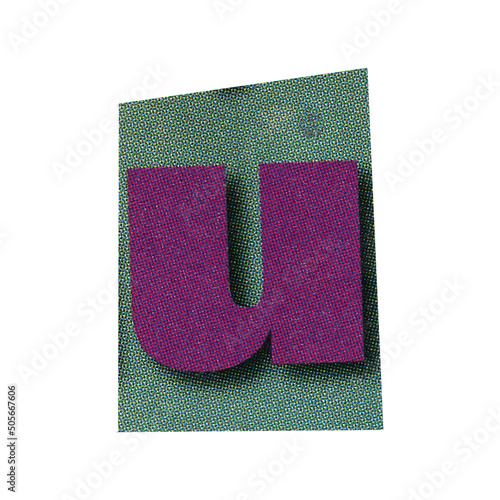 letter u magazine cut out font, ransom letter, isolated collage elements for text alphabet. hand made and cut, high quality scan. halftone pattern and texture detail. newspaper and scraps photo