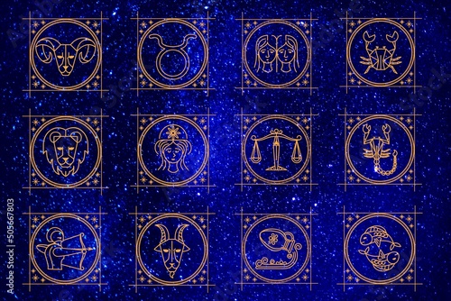 Zodiac Astrology Horoscope signs illustration image. Elegant symbols and icons of esoteric zodiacal horoscope templates for logo or poster isolated on blue background © Goutam