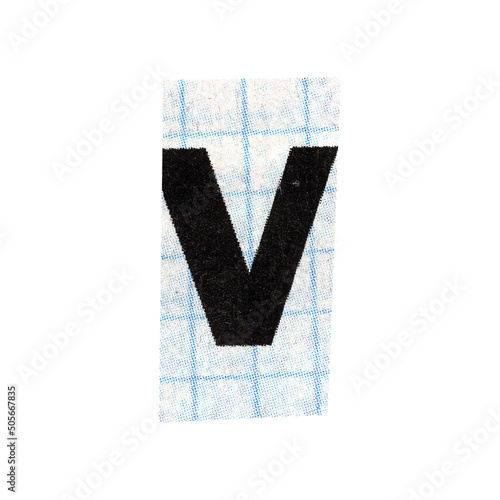  letter v magazine cut out font, ransom letter, isolated collage elements for text alphabet. hand made and cut, high quality scan. halftone pattern and texture detail. newspaper and scraps photo