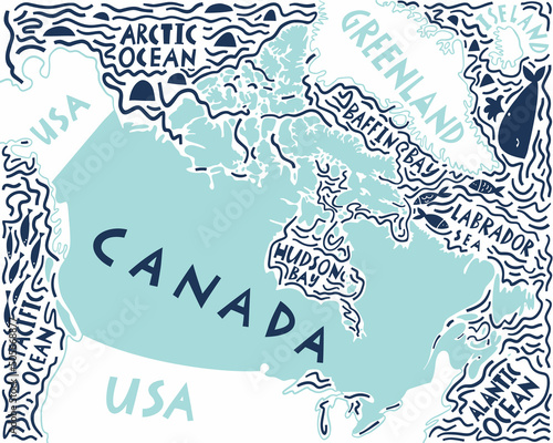 Vector hand drawn stylized map of Canadian region with neighbor countries. Canada travel illustration. North America map photo