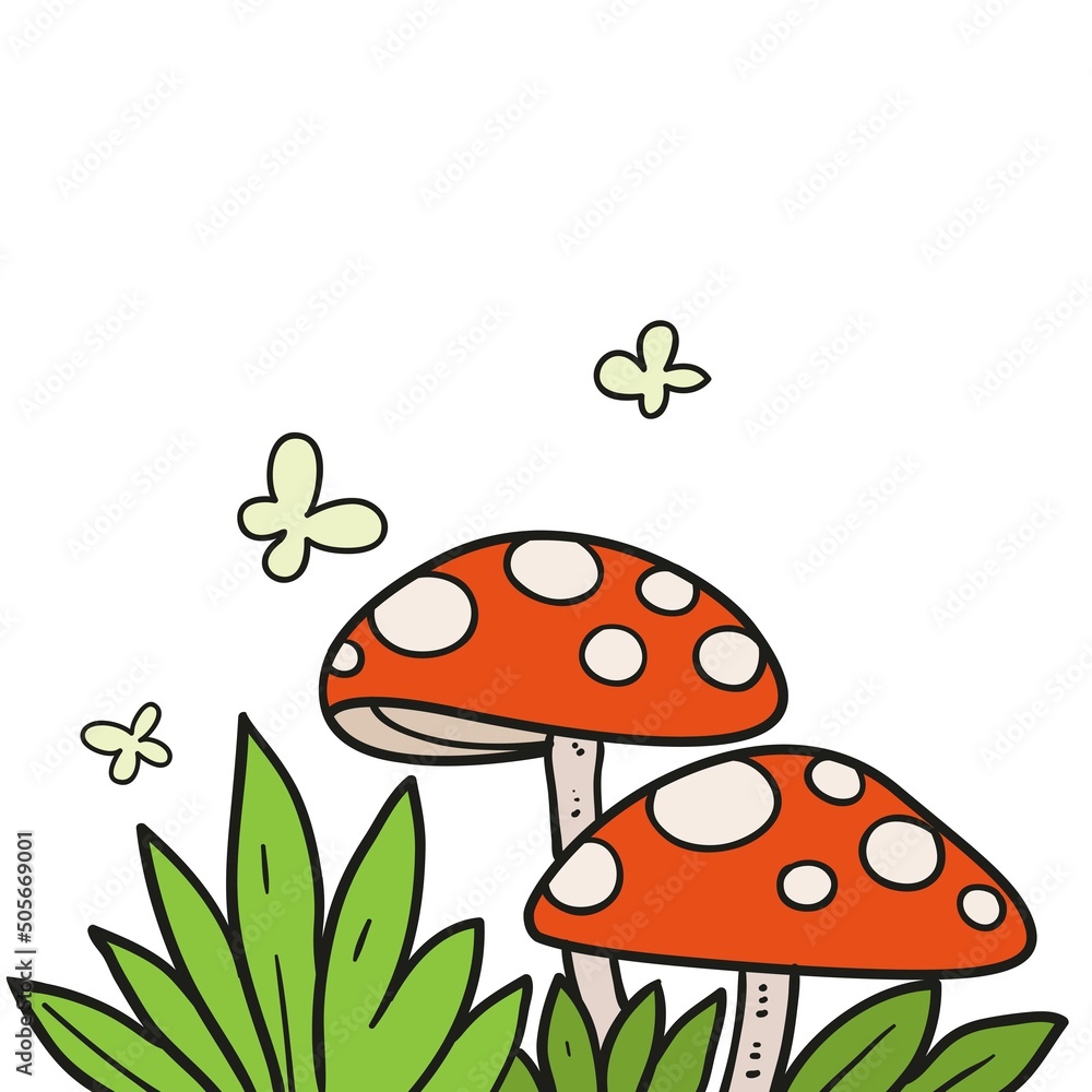 Two fly agaric mushrooms in the grass color variation for coloring page isolated on white background Two fly agaric mushrooms in the grass color variation for coloring page isolated on white background