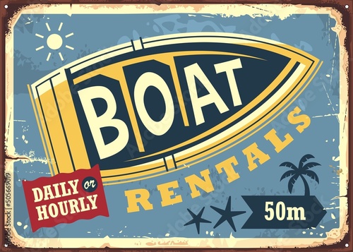 Boats rentals vintage beach sign announcement template. Retro sign for rent a boat business. Vector illustration.