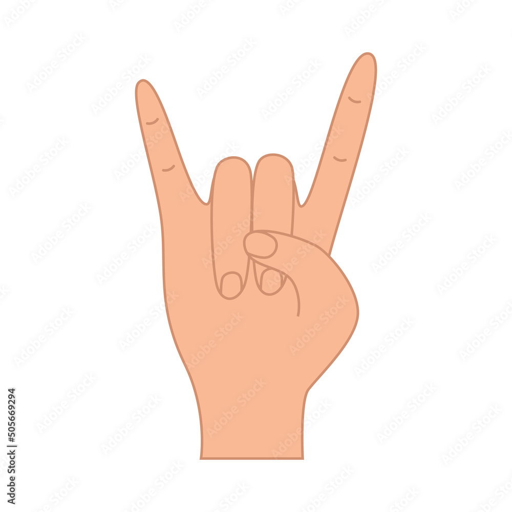 Rock, heavy metal hand gesture, vector illustration on white, two fingers up index and little finger. Rock, heavy metal hand gesture, vector illustration on white, two fingers up index and little finger.