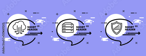 Cloud storage set icon. Internet, remote, personal information, protection, server, sync. Tecnology concept. Infographic timeline with icons and 3 steps. Vector line icon for Business and Advertising