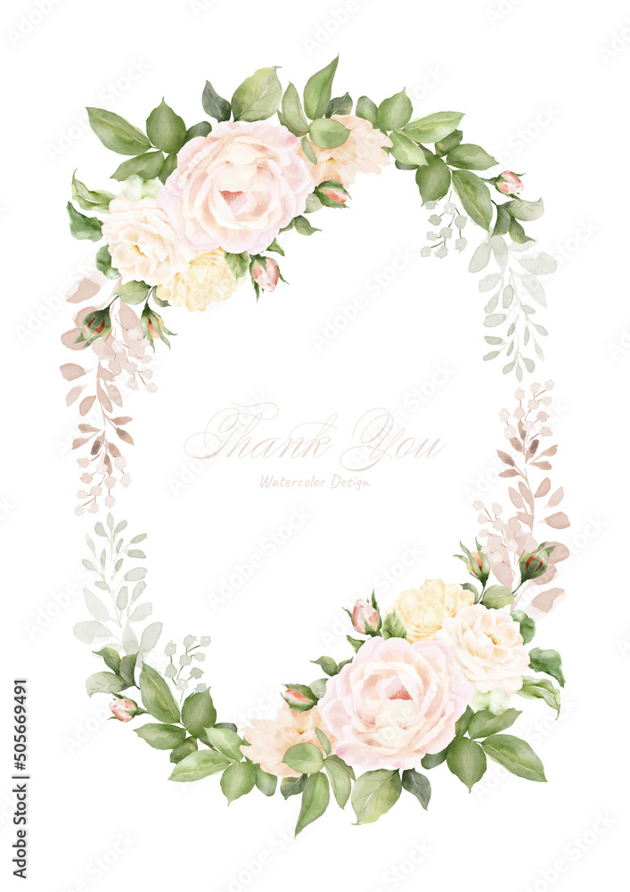 Watercolor wreath frame design with pink roses and leaves Watercolor wreath frame design with pink roses and leaves