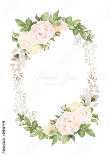 Obraz na plátně Watercolor wreath frame design with pink roses and leaves