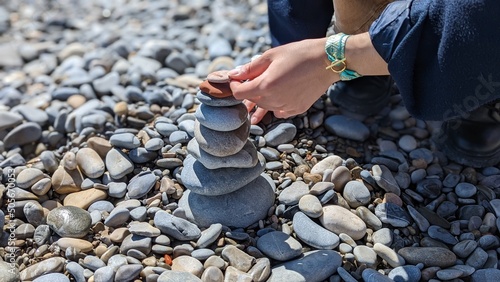 Cobblestone tower on the Nice beach with a lady s hand under the sun