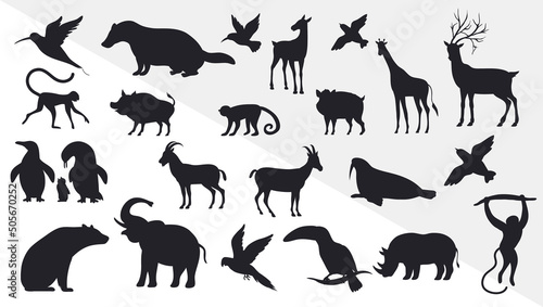 Tropical-birds -Monkey -Goat -Dog-with-exotic-animals-Silhouettes-Vector