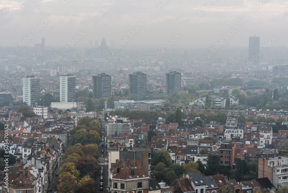 Koekelberg, Brussels Capital Region , Belgium - Panoramic view over the streets and apartment blocks of Ganshoren and surroundings