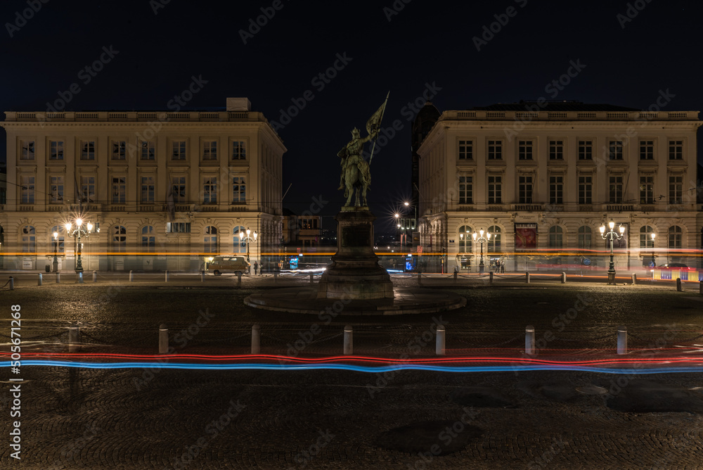 Brussels Old Town, Brussels Capital Region - Belgium -  View over the Place de Saint Jacques Sur Coudenberg square at night with light trails