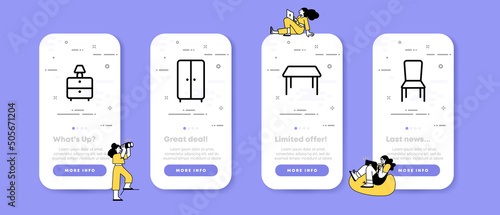 Furniture for home set icon. Stand, bedside table, wardrobe, table, chair, wooden, comfortable, lamp. Comfort concept. UI phone app screens with people. Vector line icon for Business and Advertising