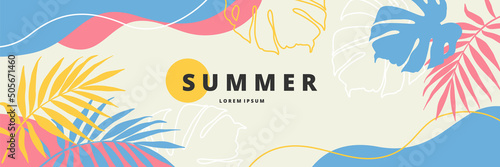 Summer background. Horizontal banner template with minimal geometric elements, tropical leaves, flowers. Vector illustration for poster, postcard, header  website 