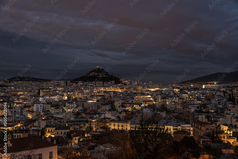 Athens Old Town, Attica - Greece -  View over the Athens skyline and the Lycabettus hill during the blue hour