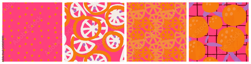 Colorful citrus, pink grapefruit seamless pattern set with modern abstract graphic. Whole fruit and slices in pink, orange and lilac colors. Kitchen textile, product packaging background vector design