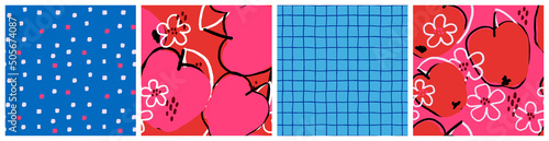 Cute apple seamless pattern set with red fruit modern abstract graphic. Colorful kitchen textile, product packaging background, toddler girl fashion fabric vector design.