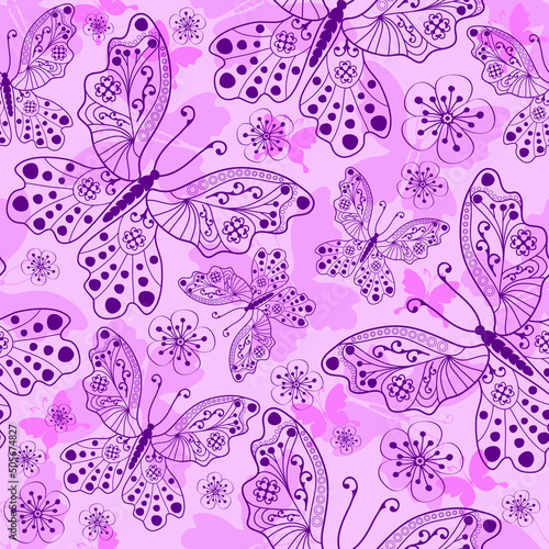 Seamless spring pink pattern with lace colorful butterflies on a rose background. Vector eps 10