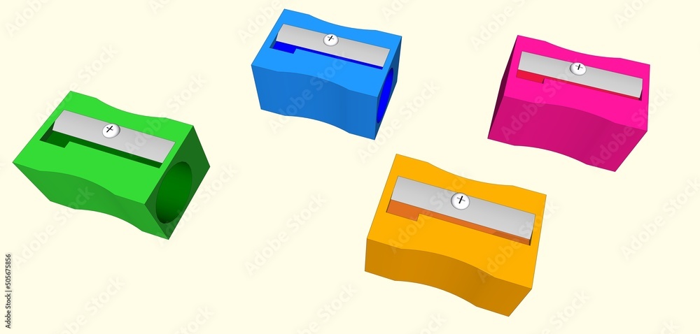 pencil sharpener with blue pink green and yellow colour 3d rendering top left corner angle pencil sharpener with blue pink green and yellow colour 3d rendering top left corner angle