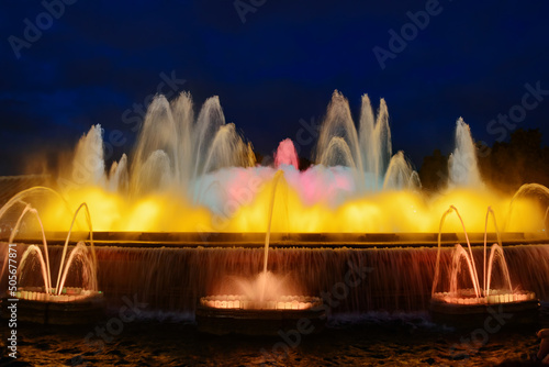 Night view of The Magic Fountain of Montjuic in Barcelona, Spain.