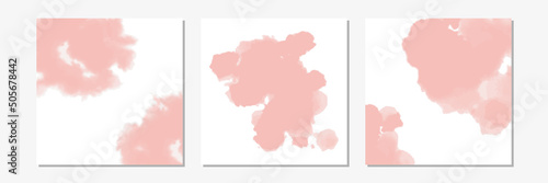 Set of pink watercolor or ink stains background. Abstract  paint shapes. Isolated texture on white. Modern minimalist art. Design for party invitation or poster.