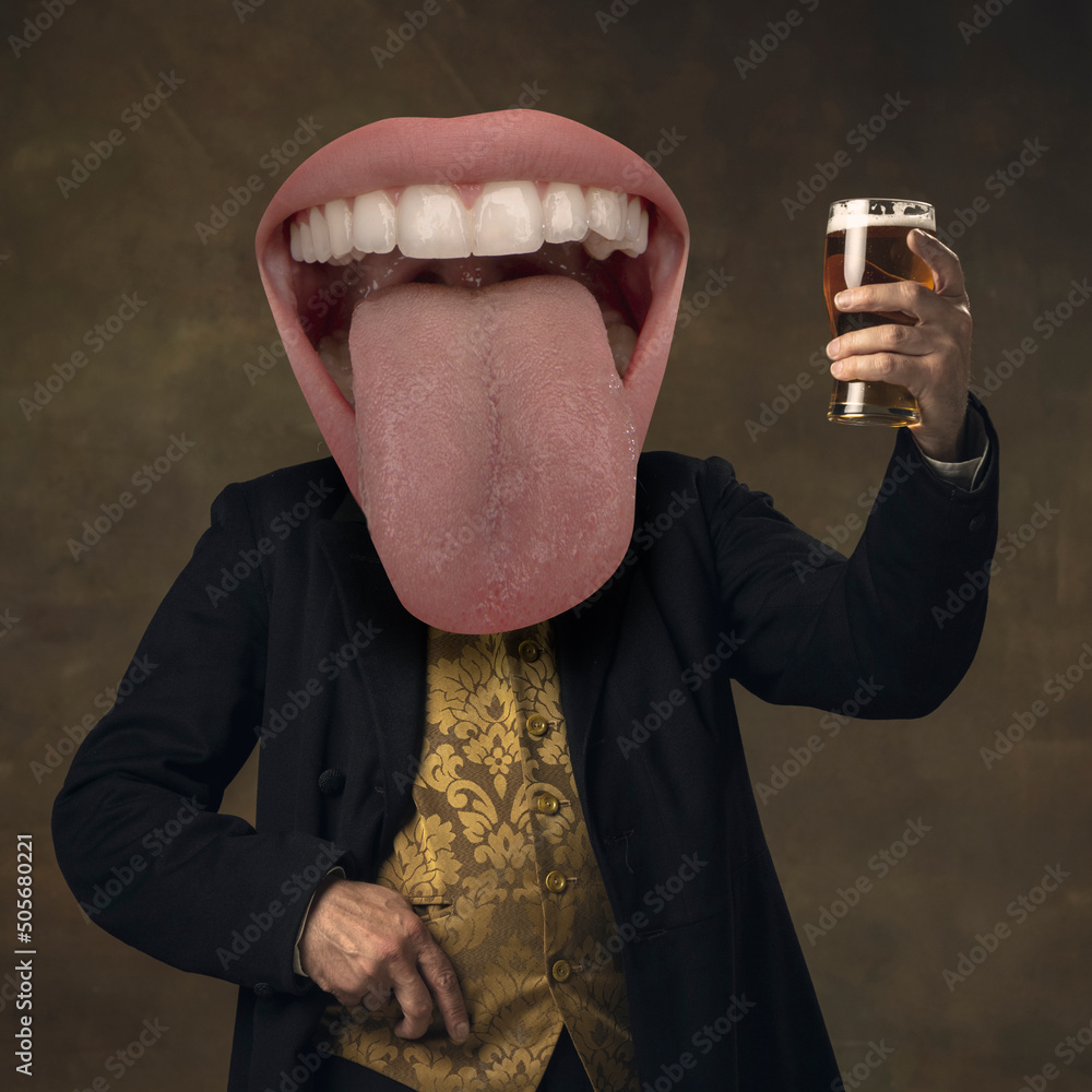Contemporary art collage. Man in vintage costume and giant mouth head rising glass of foamy lager beer isolated on dark background. Cheers - obrazy, fototapety, plakaty 
