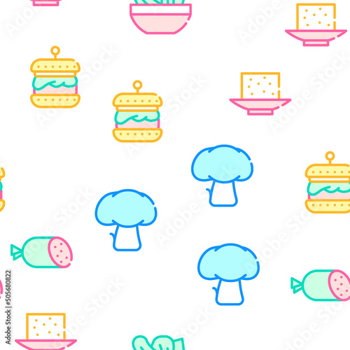 Vegan Menu Restaurant Collection Vector Seamless Pattern Color Line Illustration