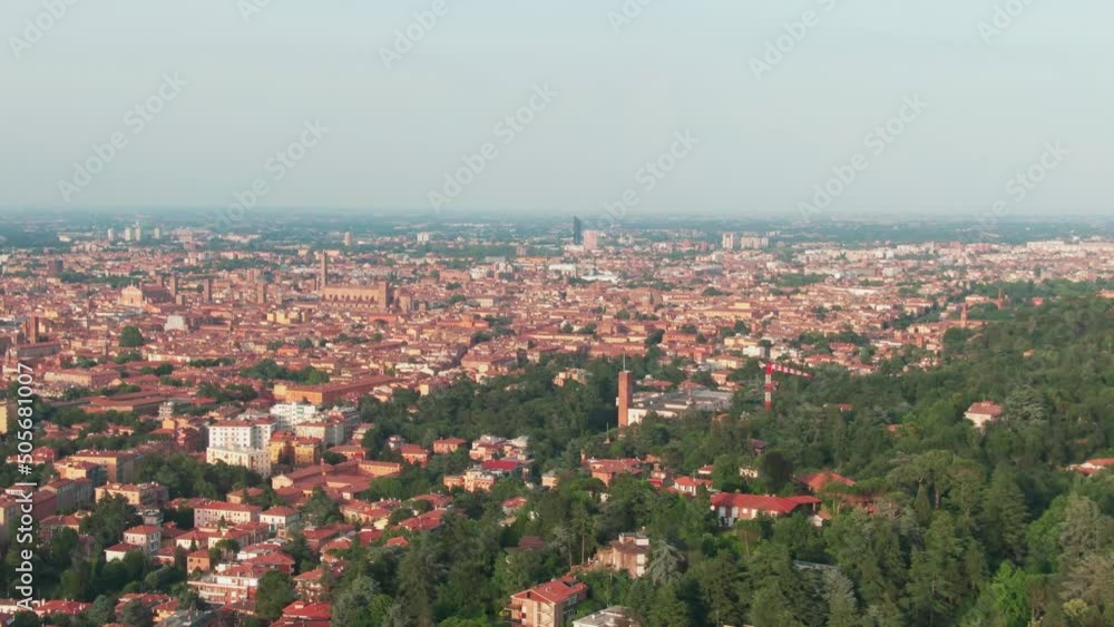 Birds Eye View on Bologna, Italy flying towards its main train station above residential areas Birds Eye View on Bologna, Italy flying towards its main train station above residential areas