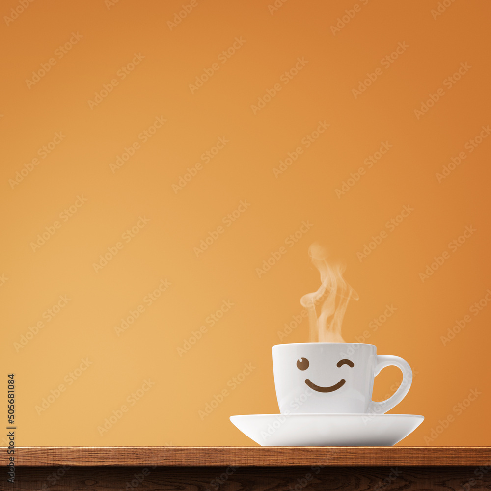 Cute smiling coffee cup character - obrazy, fototapety, plakaty 