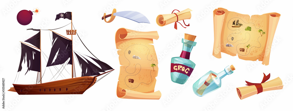 Pirates set icons in cartoon style. Flag with white skull and crossing bones. Parchment pirate's treasure map, bottle. Pirates set icons in cartoon style. Flag with white skull and crossing bones. Parchment pirate's treasure map, bottle.