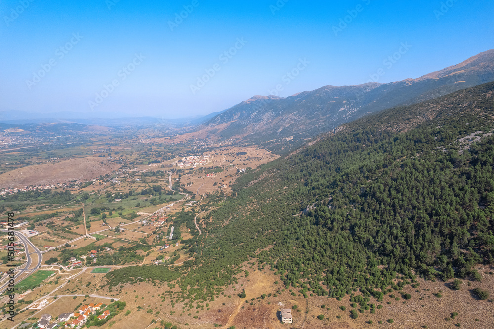 Greek mountain at sunny summer day. Aerial view. Copter, drone view