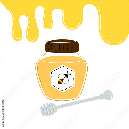 Honey jar and wooden dipper icon on white background. Vector illustration.