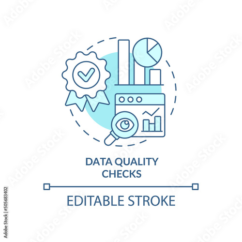 Data quality checks turquoise concept icon. Data mining process abstract idea thin line illustration. Identify anomalies. Isolated outline drawing. Editable stroke. Arial, Myriad Pro-Bold fonts used