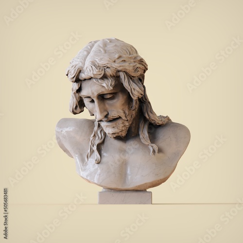Stone statue of the face of Jesus crucified. Jesus face 3D Illustration