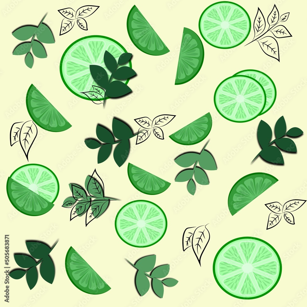 citrus print, lime, mint, menthol, bright print, mint leaves, mint branch, pattern, print for textiles, packaging, gift wrapping, bed linen print, lime print, lemon print, citrus, print on a yellow d citrus print, lime, mint, menthol, bright print, mint leaves, mint branch, pattern, print for textiles, packaging, gift wrapping, bed linen print, lime print, lemon print, citrus, print on a yellow d