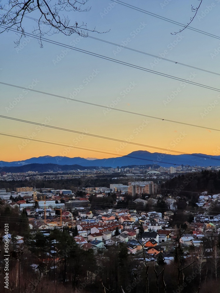 Sunset view of Ljubljana Slovenia from Rašica. Sunset view at autumn of Ljubljana basin. 