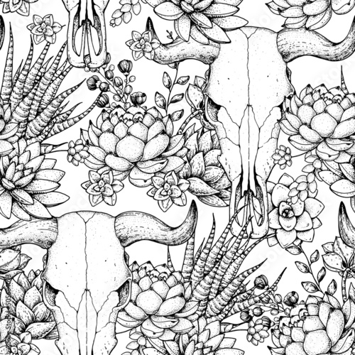 Buffalo Skull and flowers sketch. Seamless pattern. Hand drawn illustration. Wild west print. Vector illustration. Tattoo vintage print. Buffalo Skull and succulent bouquet.