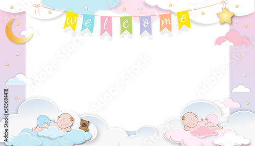 Baby shower card,Cute little twin boy, girl sleeping on fluffy cloud with crescent moon and star on pink sky background, Vector Paper cut cloudscape backdrop with copy space for newborn baby's photo